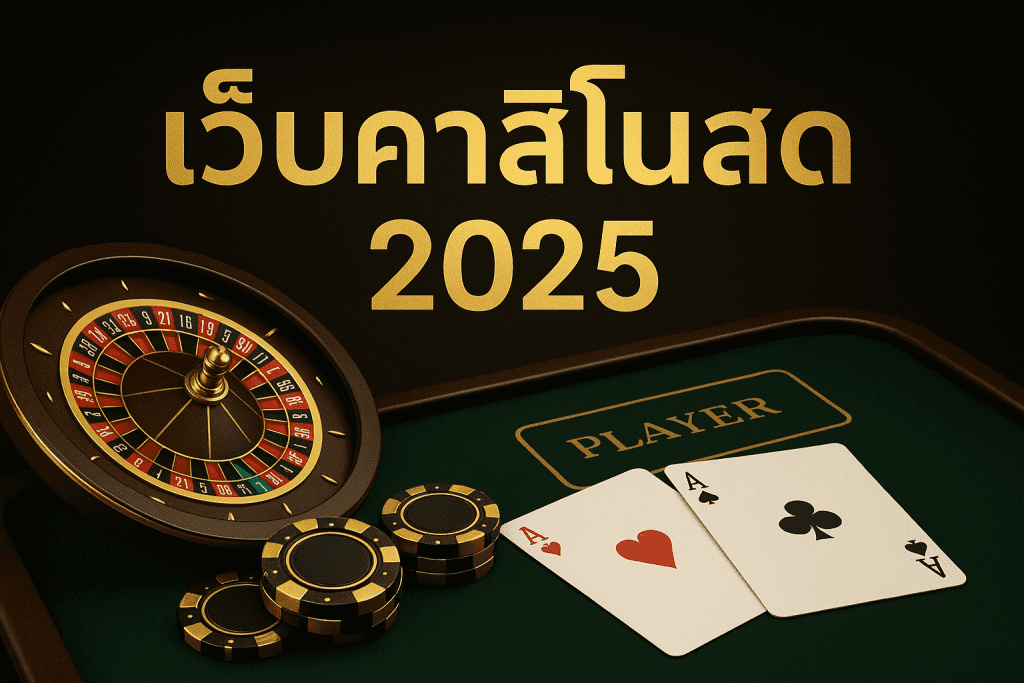 ภาพโปรโมทเว็บคาสิโนสดปี 2025 ธีมสีทองดำ แสดงโต๊ะบาคาร่า ชิป ไพ่ และรูเล็ต บรรยากาศหรูหรา เหมาะกับผู้เล่นที่มองหาเว็บคาสิโนได้เงินจริง